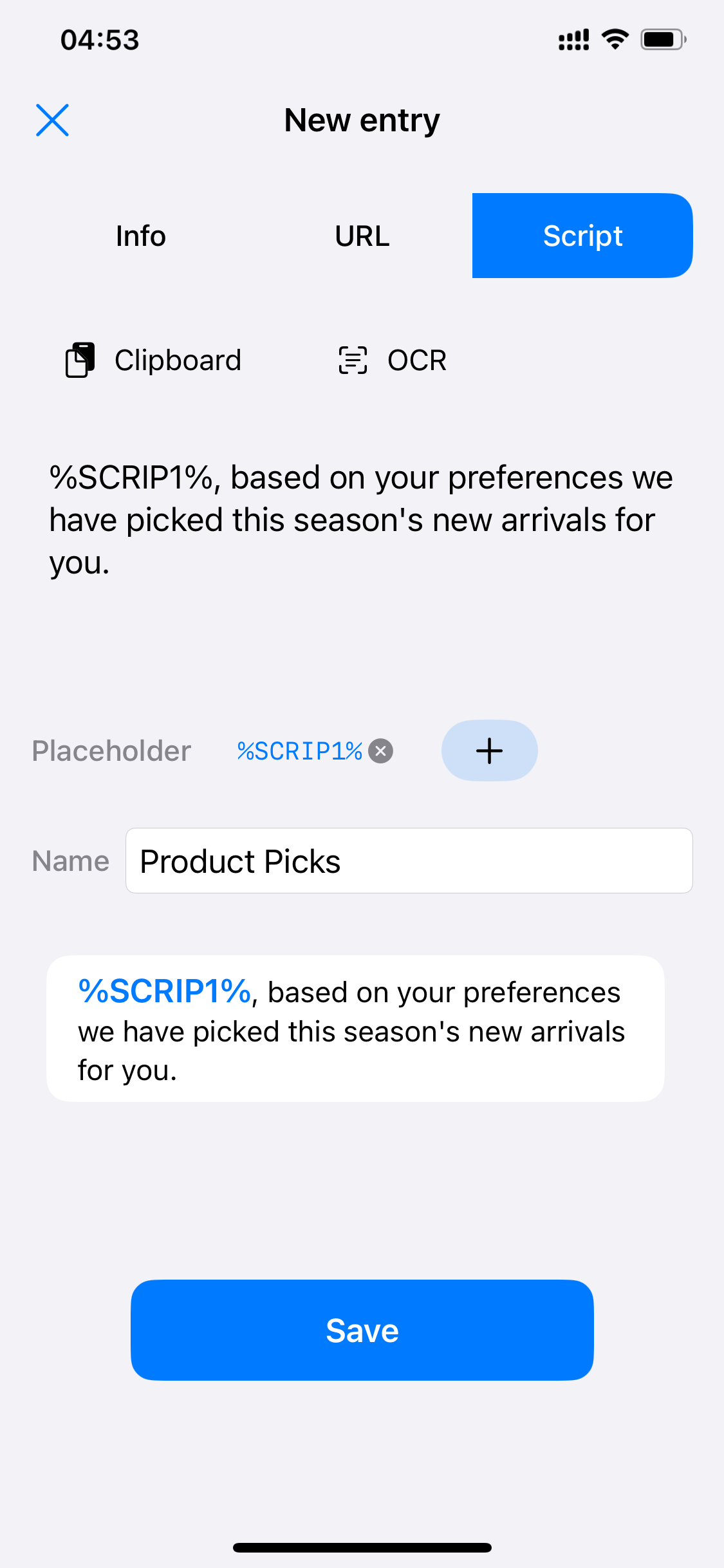 New script entry: insert a %SCRIP1% placeholder with highlighted preview